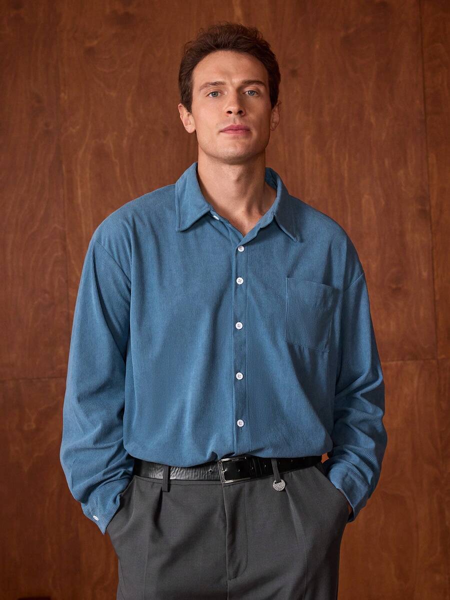 Officeau 男士灯芯绒日常通勤休闲学院风拼接口袋纯色长袖衬衫，适合春秋季穿着 - 青碧色 - 查看 1