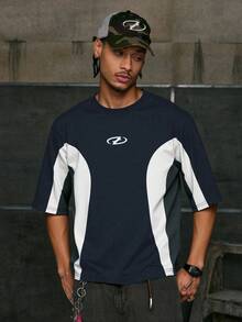 AXEPEAK Multi-Size Patchwork Round Neck Men's T-Shirt - Blue - View 6