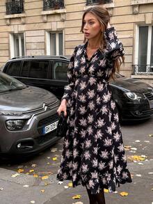 Pariaura 法式复古碎花荷叶边连衣裙 - 女士优雅V领长袖收腰长款连衣裙，适合秋季穿着；甜美优雅碎花荷叶边连衣裙 - 女士浪漫V领长袖喇叭下摆长款连衣裙，适合秋季穿着；复古宫廷风碎花荷叶边连衣裙 - 女士奢华V领长袖荷叶边下摆长款连衣裙，适合秋季穿着。 - 黑色 - 查看 5