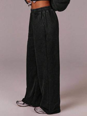 Athîral Women's Casual Everyday Commute Fashion Street Elastic Waist Slant Pocket Loose Wide Leg Washed Sweatpants
