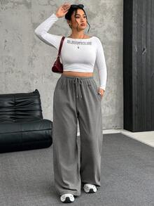 SHEIN EZwear Quần dài rộng rãi thoải mái ấm áp mềm mại màu xám đậm cỡ lớn, dành cho mùa đông - Màu xám đen - Xem 4