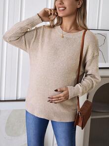 SHEIN Maternity Casual Everyday Commute Simple Solid Color Dropped Shoulder Loose Knit Sweater, Autumn/Winter - Khaki - View 4