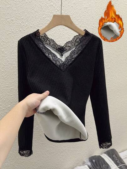 SHEIN Franclia Women's V-Neck Contrast Lace Long Sleeve Thermal Lined Warm T-Shirt, Casual Commuter Wear For Autumn/Winter Autumn/Winter Fashionable Women's Casual Thermal Lined Long-Sleeved Lace-Trimmed V-Neck Base Layer, Comfortable And Skin-Friendly, Pure Black, Casual And Versatile, Suitable For Outings, Home Wear, Parties, And More. Winter Clothes For Women Everyday Outfits At Home New Year Clothes Comfortable And Warm Party Top For Women Lace Undershirt Long Sleeve Women Long Sleeve Top Knit Top Women Lace Shirts Women Tops Elegant