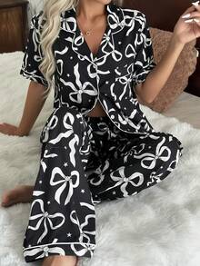 Dream Adore Bộ đồ ngủ tay ngắn in hình nơ và ngôi sao có cổ - màu đen - Xem 1