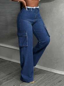 Slaydiva Quần jeans ống rộng cạp cao có túi, lót nhiệt, dáng rộng, thời trang dạo phố, đi làm hàng ngày, chất liệu thô, dáng rộng, ấm áp, thu/đông - Rửa tối - Xem 3