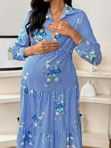 SHEIN Umstandsmode Lässig Urlaubs Floral & Gestreift Volant Saum Gürtel Stillkleid, Frühling/Herbst - Blau - Übersicht 3