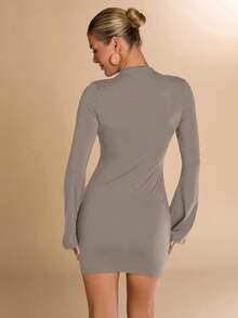 SHEIN BAE 女士高领褶皱迷你修身长袖连衣裙，适合秋冬季节、叠穿、休闲、办公穿着 - 灰色 - 查看 2