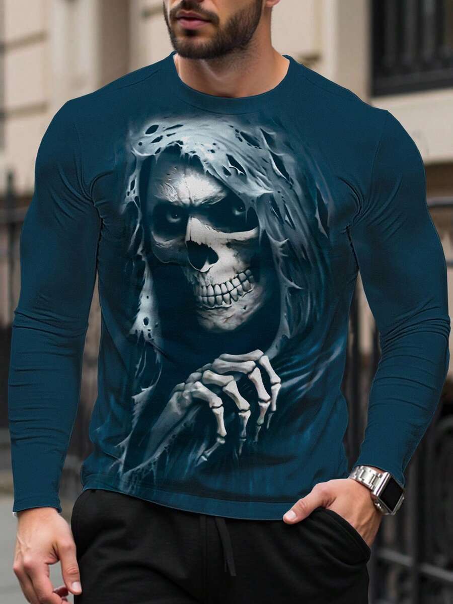 Manfinity LEGND Men's Skull Print Round Neck Casual Long Sleeve T-Shirt - Multicolor - View 1