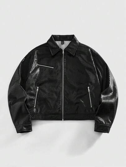 Street Life جاكيت رجالية قصيرة بسحاب ذات لون واحد بقصة فضفاضة