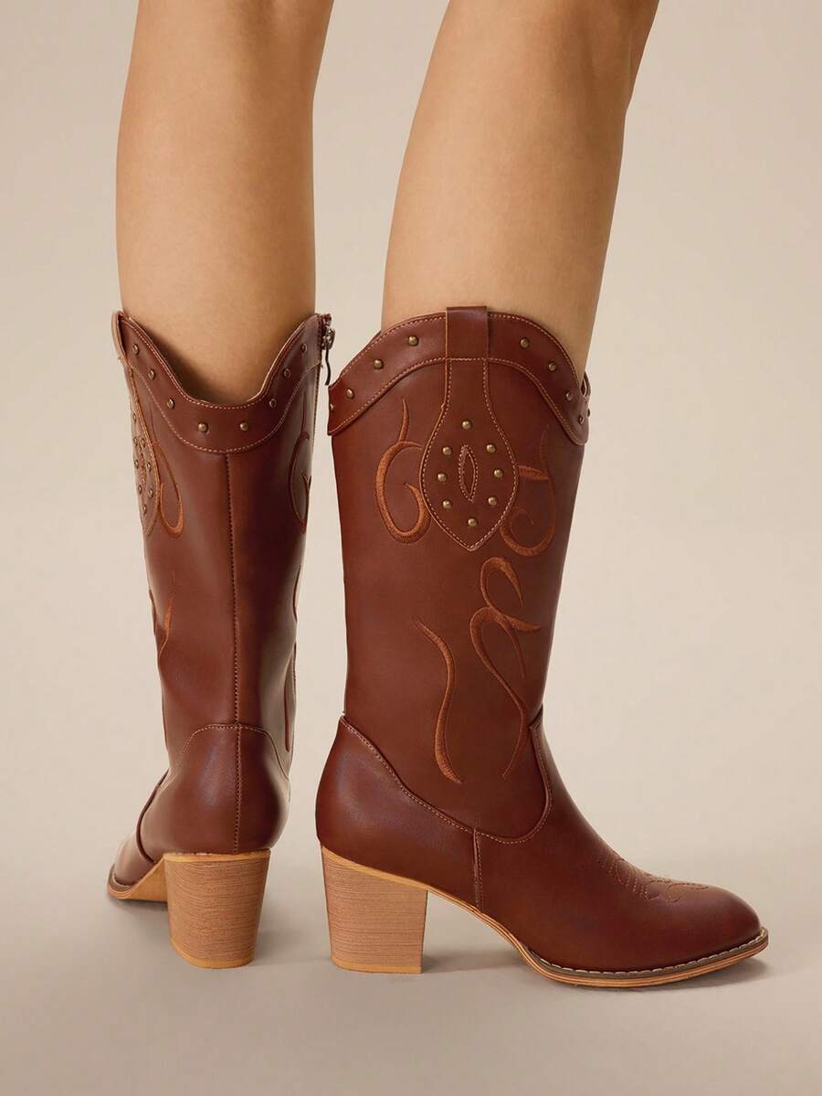 Styleloop Women's Casual Vintage Chunky Heel Mid-Calf Boots, Suitable For Christmas, Thanksgiving, Party, New Year Outfit - Mocha Brown - View 1