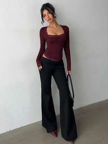 Aloruh Damen Lässig Everyday süßes einfarbiges burgunderrotes Spitzenbesatz Glockenärmel Langarm Figurbetontes T-Shirt, geeignet für Herbst, Winter, Frühling und Sommer - Bordeaux - Übersicht 6