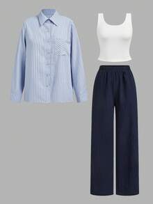 SHEIN LUNE 女士休闲条纹衬衫和裤子三件套/组 冬季女装 休闲套装 两件套 工作服 夏季休闲装 - 彩色 - 查看 16