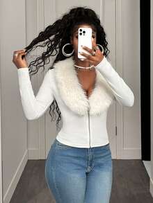 BamGleam 女士休闲纯色仿毛领拉链外套 - 白色 - 查看 4