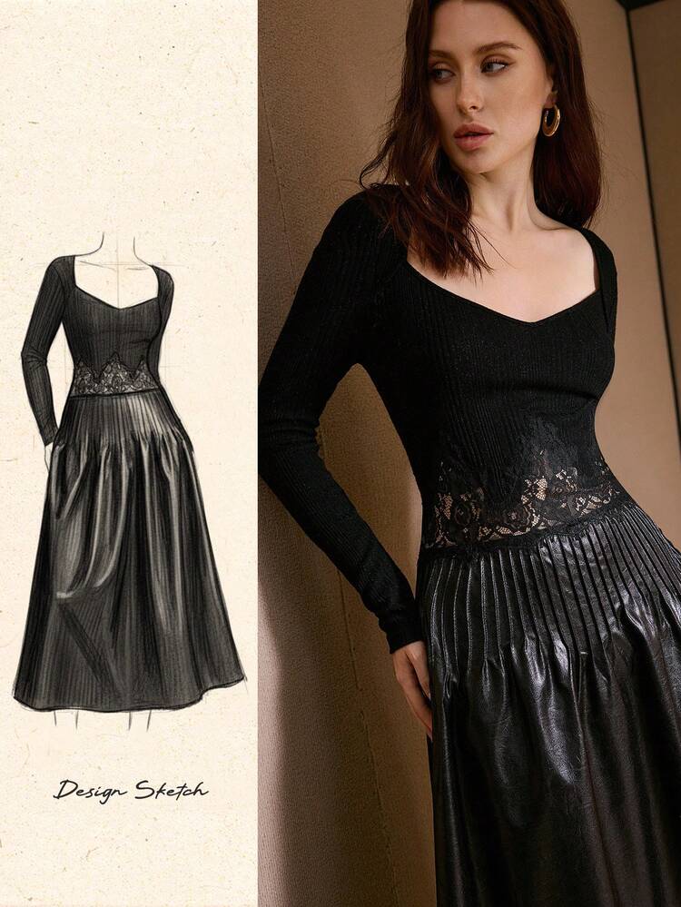 CONTRAST LACE PU WAIST FITTED A-LINE DRESS, AUTUMN/WINTER