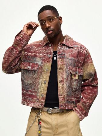Street Life Men's Casual Cashew Print Long Sleeve Single-Breasted Denim Jacket With Pockets