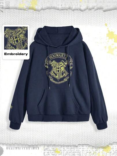 Harry Potter | ROMWE Women Graphic Embroidered Oversized Hooded Sweatshirt