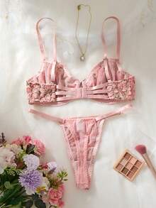 2pcs Women Classic Dark Embroidery Underwire Push Up Bra & Panty Set, Adjustable Straps