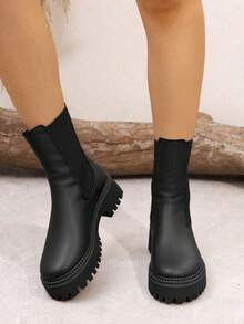 Botines tipo Chelsea para mujer, plataforma gruesa antideslizante, punta redonda, sin agujetas, caña elástica, estilo británico casual para diario y oficina - Negro - Ver 3