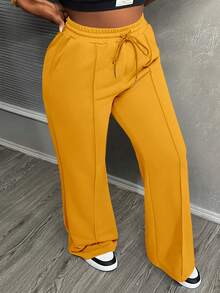 Slaydiva Women's Solid Color Pocket Drawstring Waist Casual Loose Sweatpants - Mustard Yellow - View 6