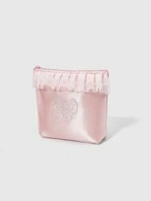 ROMWE Kawaii Embroidered Bow Floral Edge $Mall Bucket Tissue Box, Makeup Bag, Travel Sanitary Pad Organizer, Gift Coin Purse - Pink - View 3