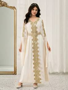 Teenage Long Dress With Middle Eastern Style Gold Trim Maxi Robe, Beige Outerwear - Beige - View 3