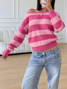 SHEIN Teenager Mädchen Lässig gestreifter Strickpullover, minimalistisch & modisch, geeignet für den täglichen Gebrauch, Herbst/Winter - Pink - Übersicht 5