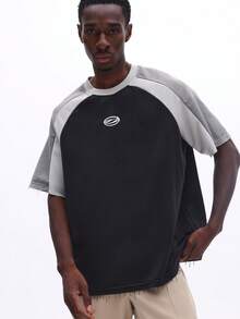 SUMWON 宽松圆领短袖T恤，撞色设计，休闲宽松夏季上衣，带Logo细节，纯色 - 黑色 - 查看 5