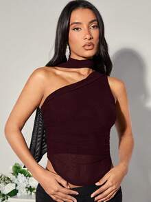SHEIN BAE Áo cánh nữ thời trang thanh lịch màu trơn không tay viền bất đối xứng có cà vạt, mùa hè - Màu Tím - Xem 3