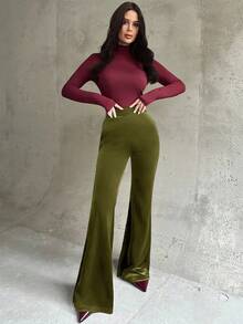 Firerie Women's New Elegant Casual Everyday Commute Fashion Versatile High Waist Slim Fit Velvet Flare Pants, Wine Red, Suitable For Autumn/Winter, Airport, Teacher, Office, Cozy Fall, Christmas, New Year - Army Green - View 5