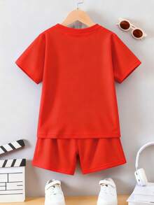 2件套幼儿男童条纹印花撞色圆领短袖T恤和短裤套装，适合4-7岁男童，休闲日常穿着，春夏款 - 彩色 - 查看 2