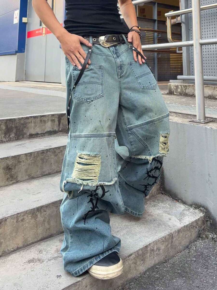 ROMWE MEN Anime 男士撞色破洞宽松休闲牛仔裤 - 淺藍色 - 查看 1