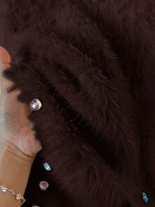 GlowEve 女士不对称下摆流苏仿貂绒柔软舒适手工镶钻修身圆领套头毛衣，常规版型，日常通勤穿着，秋冬季 - 咖啡棕 - 查看 7