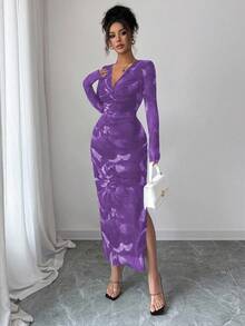 Elenzga Women's Elastic Mesh Floral Pattern Dress, Chic And Feminine Design With Criss-Cross Twist V-Neck, Bodycon Silhouette And Slit, Suitable For Daily Commute, Dates, Parties And Gatherings - Purple - View 8
