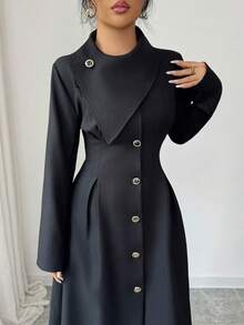 Modelyn 女士优雅长袖A字连衣裙，纽扣袖口和腰部收褶设计，黑色，秋季款 - 黑色 - 查看 3