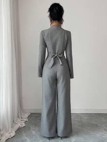 Modelyn 女士灰色编织花瓣领交叉裹身系带长袖两件套 - 灰色 - 查看 2