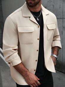 Manfinity CasualCool Plus Size Men's Casual Fashion Street Style Simple Solid Color Lapel Collar Flap Pocket Shacket, Autumn Beige Men Cream Button Up Men Long Sleeve Button Up Shacket Casual Shirt With Two Pockets Long Sleeve For Men - Apricot - View 3