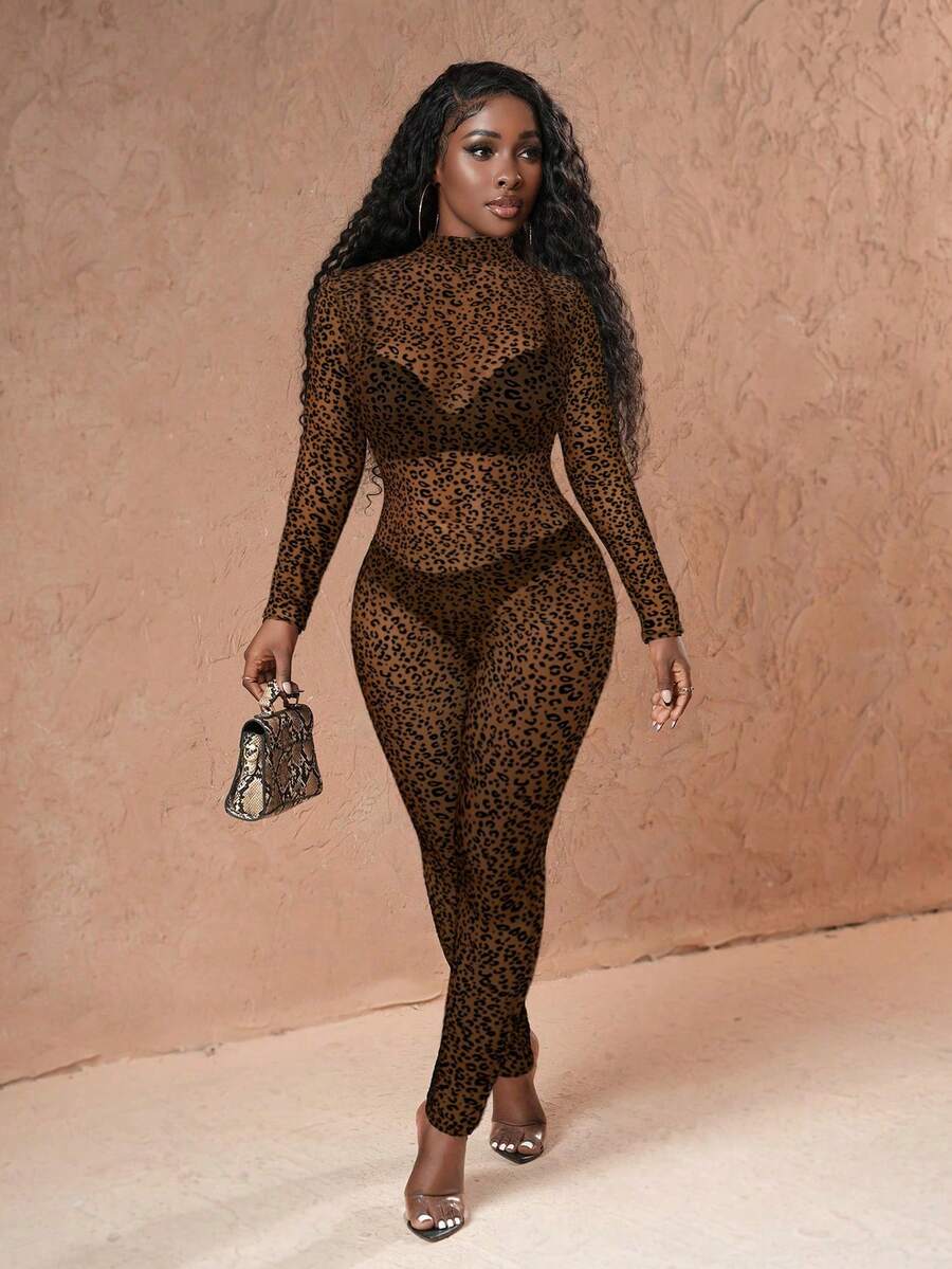 Slaydiva Élégant, sexy et pour soirée : Combinaison longue à col montant et manches longues pour femmes, en tissu léopard floqué transparent, longueur cheville, convient pour l'automne - Tabac - Voir 1