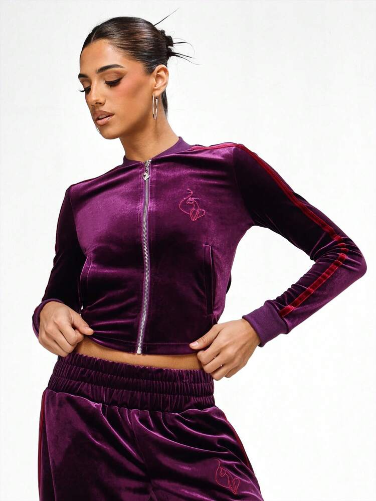 BABYPHAT Purple Velour Full Zip Track Jacket With Long Sleeves And Embroidered Logo Detail For Casual Winter Wear
