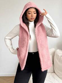 SHEIN EZwear Chaleco con capucha de unicolor y peludo de talla grande, otoño/invierno - Rosa vieja - Ver 3