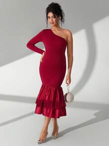 Cheriluna Maternity Maternity Photoshoot Dress, One-Shoulder Long Sleeve Fitted Dress With Ruffle Hem And Double Layer Design - Burgundy - View 4