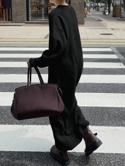 FRIFUL 女士纯色圆领落肩长袖直筒宽松休闲百搭长款毛衣连衣裙，秋季