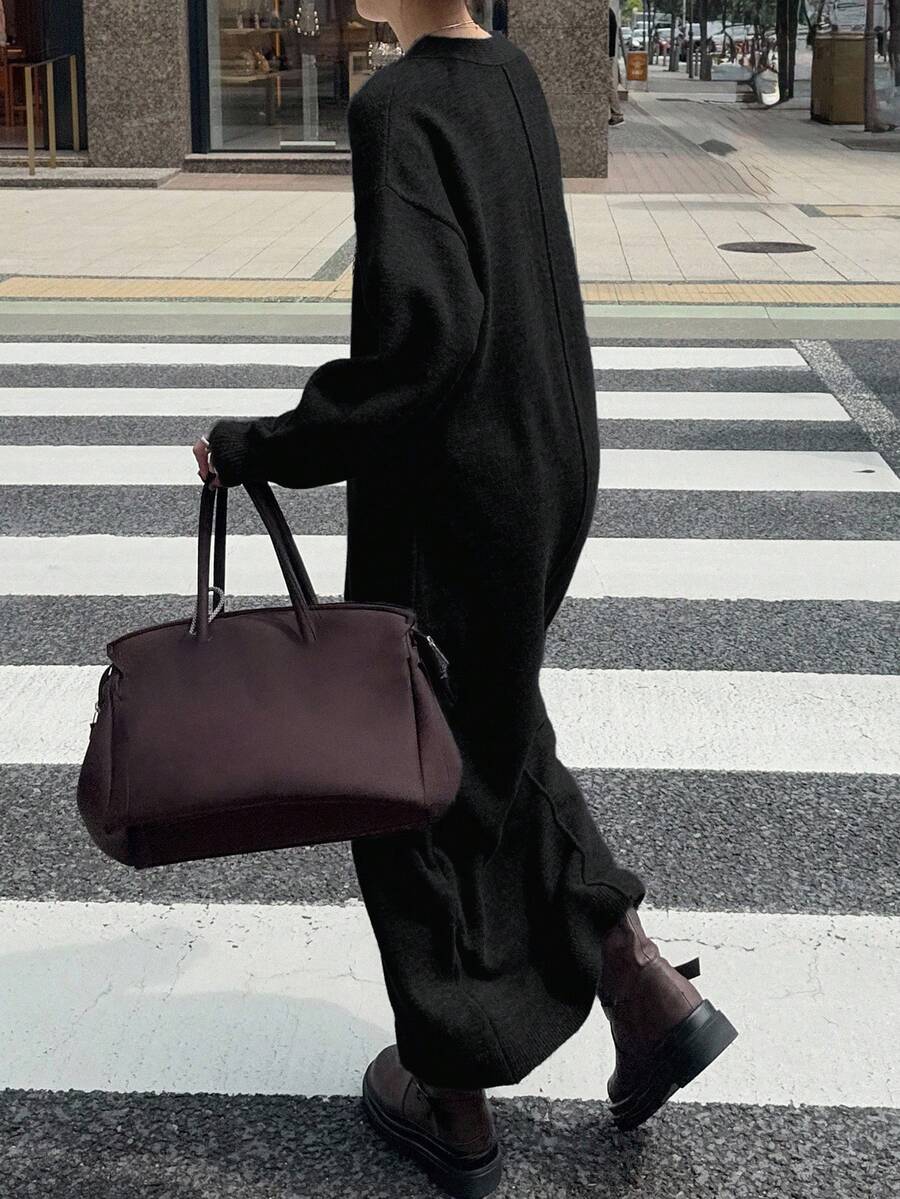 FRIFUL Women's Solid Color Round Neck Drop Shoulder Long Sleeve Straight Loose Casual Versatile Long Sweater Dress, Autumn