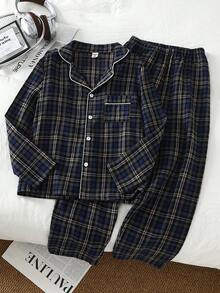 Tween Boys Pajamas-2 Pieces Pajama Set Plaid Navy Blue Green Classic Notched Collar Button Front Long Sleeve Top Chest Pocket White Piping Long Pants Elastic Waist Cozy Bedroom Lounge All Season 2026 Holiday Essential