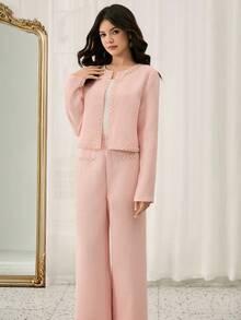 少女优雅时尚圆领插肩袖短款修身粗花呢面料外套，饰有3D珍珠装饰设计，搭配高腰宽松阔腿裤套装，粉色 - 粉色 - 查看 5