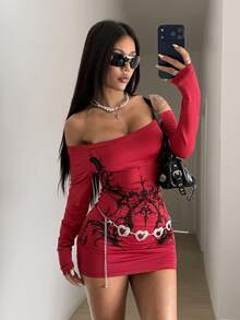 StreetHx 女士酒红色露肩复古印花修身迷你连衣裙，春秋季 - 酒紅色 - 查看 6