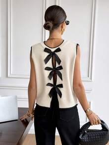 SHEIN Frenchy 女士撞色蝴蝶结装饰无袖针织上衣 - 彩色 - 查看 3