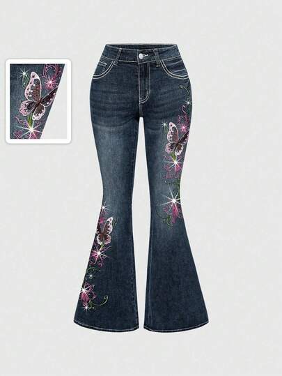 Fairycore Women's Retro Y2K Sexy Butterfly Vine Embroidered Rhinestone Flare Jeans