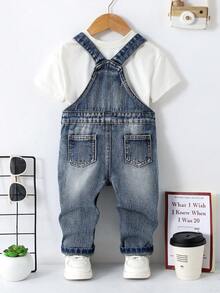 Baby Boy Casual Everyday Commute Fashion Street Ripped Denim Bib Pants (T-Shirt Not Included) - Medium Wash - View 2