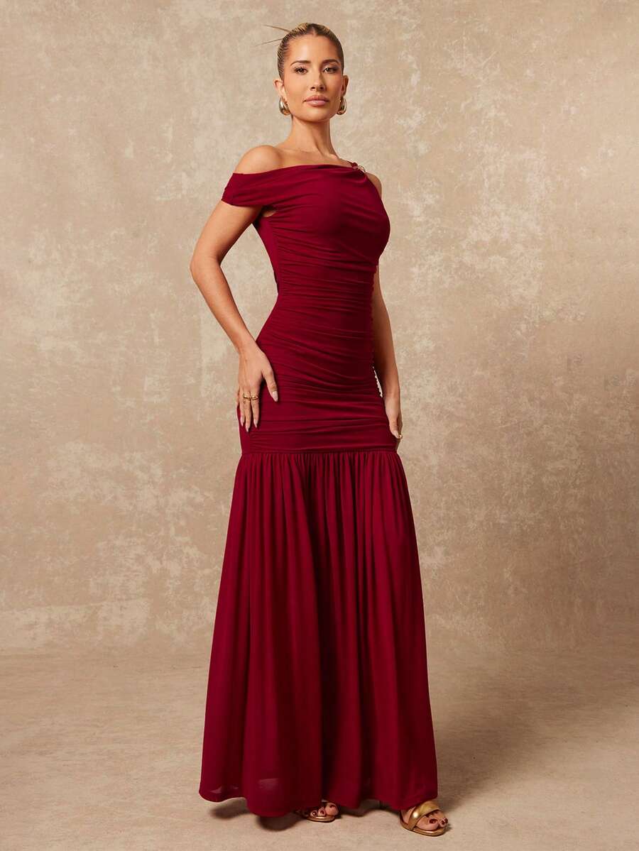 Lumalex Đầm maxi đỏ lưới thanh lịch, mềm mại và thoải mái với khóa kim loại trang trí, vai lệch, thích hợp cho mùa xuân/hè, dành cho nữ, sang trọng cho năm mới, tiệc tùng, mùa cưới, ngày Valentine lãng mạn.