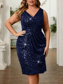 SHEIN Belle Plus Size Elegant Twist V-Neck Sequin Sleeveless Party Dress - Navy Blue - View 5